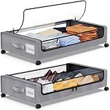 YAASHEEN Under Bed Storage with Wheels, 2Pack Under Bed Storage Containers,Under Bed Shoe Storage Organizer with Clear Window&Label,Rolling Under Bed Storage Metal Drawer for Clothes,Shoes,Toys