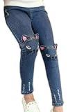 Girls Stretchy Jeans Kids Ripped Denim Trousers Cute Jeggings Age 4-12 Years Blue Cat 140