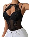 Girece Women Teddy Lingerie Sexy Snap Crotch Lace Bodysuit Halter One Piece Tummy Control Shapewear Lingerie Top with Underwire Push Up Bra(Black,2XL)