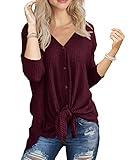 IWOLLENCE Womens Loose Henley Blouse Bat Wing Long Sleeve Button Down T Shirts Tie Front Knot Tops Wine Red, S