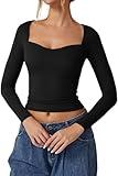 QINSEN Woman's 2024 Basic Crop Tops High Stretch Long Sleeve Bodycon T Shirt for Fall Winter Black XL