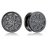 MOQIKAKA 2PCS Black Stainless Steel Plugs Tunels Gauuges for Stretched Ears, Beautiful Floral Ear Gauges Plugs Tunnels 14mm/9/16 Body Piercing Jewelry for Women Men