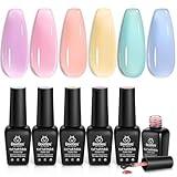 Beetles Pastel Gel Nail Polish Set, 6 Colors Summer Jelly Gel Polish Kit Pink Blue Purple Orange Yellow Green Translucent Effect Soak Off UV Candy Sweet Collection French Nail Gift for Women