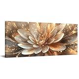 iKNOW FOTO Modern Abstract Shiny Flower Wall Art Brown and Gold Floral Botanical Canvas Print for Living Room, Bedroom, Home Office Decor, Contemporary Wall Art Ready to Hang 20x48 Inches