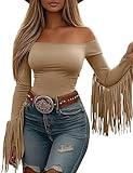 KWSTAIN Off Shoulder Tops for Women Khaki Stretchy Western Cowgirl Country Rodeo Outfits Shirts with Tassels 2025 Trendy (Khaki,M)