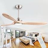 QUTWOB 52" Wood Ceiling Fans with Lights and Remote Control,Indoor Outdoor 3 Blades Wooden Ceiling Fan for Garage,Patio,Living Rooms,Bedrooms,Offices,Farmhouse(Nickel+Raw wood)