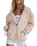 Trendy Queen Womens Zip Up Hoodies Oversized Sweatshirts Fall Fashion Outfits Sweaters Casual Jackets 2024 Winter Clothes Apricot XL