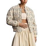 Shiyifa Women's Embroidered Daisy Cropped Bomber Jacket Long Sleeve Quilted Puffer Jackets Padded Coat Outerwear(Apricot-M)