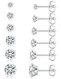 6 Pairs Stud Earrings Set, Hypoallergenic Cubic Zirconia 316L Earrings Stainless Steel CZ Earrings 3-8mm (Steel color)