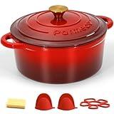 5.5 QT Enameled Cast Iron Dutch Oven – Heavy-Duty Red Pot with Lid & Dual Handles, Ideal for Bread Baking, Stews & Roasting – Includes Recipe Book
