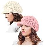 YSense 2 Pack Womens Winter Hats Warm Knit Hat Slouchy Beanie Cap with Brim Gifts Beige Pink