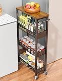 OKZEST Utility Slim Storage Cart, 4 Tier Small Rolling Kitchen Laundry Room Cart with Wood Top, Metal Narrow Bathroom Storage Cabinet Mobile Shelf Unit Organizer Trolley with Handle for Narrow Space