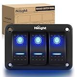 Nilight 90017C 3 Gang Aluminum Panel Toggle Dash 5 Pin On/Off Pre-Wired Rocker Switch Holder for Automotive Car Marine Boat, 2 Years Warranty,Blue