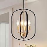 Black and Gold Chandelier for Dining Room, 4 Light Farmhouse Entryway Light Fixture, Adjustable Pendant Lights Kitchen Island Rustic Hanging Small Chandelier for Kitchen, Living Room, Foyer, Entryway