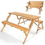 VEVOR 2-in-1 Transforming Interchangeable Picnic Table, Outdoor Wooden Table and Bench Set, Portable Foldable Bench with Umbrella Hole, Patio Dining Furniture for Garden, Backyard, Porch (Brown)