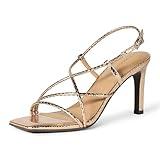 Amazon Essentials Women's Strappy Stiletto Heel Sandals, Pale Gold Faux Snakeskin, 7.5