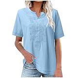 FOCLMP Women Linen Embroidered Tops 2024 Trendy Cotton Tunic Blouses Dressy Causal Summer Shirts Peasant Boho Clothes Womens T-Shirts Light Blue L