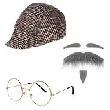 4PCS Old Man Costume 100 Day of School Grandpa Accessories Hat Glasses Eyebrows Moustache for 1920s Grandpa Dress Up