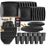 Teivio 48-piece Kitchen Plastic Wheat Straw Square Dinnerware Set for 12, Unbreakable Dinner Plates, Salad Plates, Snack Bowls, Tumblers 13.5 oz, Dishwasher Safe, Outdoor Camping Dish,Black
