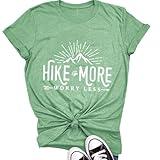 Women Hiking Camping Workout Shirts Hike More Worry Less Funny Graphic Summer Climbing Outdoor Activewear Letter Printed Tee Casual Tops, Light Green XL