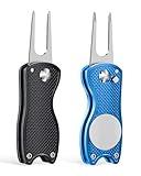 GreenHaven 2 Pack Golf Divot Repair Tool for Golfers Foldable Metal Green Tool with Magnetic Putt Alignment Ball Marker Pop-up Fork Tine with Sturdy Aluminum Alloy Handle (Blue&Black)