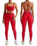 RXRXCOCO Ribbed Workout Sets for Women 2 Piece Backless Strappy Sports Bra Seamless Leggings Matching Set Yoga Outfits Red Small