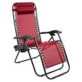 Elevon Zero Gravity Chair with Cup Holder & Removable Pillow, Adjustable Reclining Outdoor Patio Folding Chairs for Adults Portable Lounge Chair Furniture for Poolside, Lawn, Beach, Camping, Red