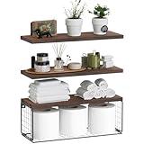 WOPITUES Bathroom Shelf Over Toilet, Floating Bathroom Shelf Wall Mounted with Wire Basket, Floating Shelf for Wall Décor-Rustic Brown