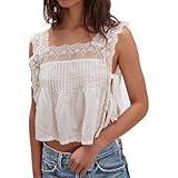 Women Side Tie Lace Trim Cami Shirt Y2k Semi Sheer Pleated Sexy Crop Tank Tops Going Out Boho Top (US, Alpha, Medium, Regular, Regular, White)