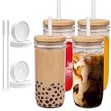 Forhaodejia Glass Cups with Lids and Straws,24 oz Smoothie Cup with Lid and Straw,Reusable Drinking Glasses,Iced Coffee Cups Glass,Boba Cups,4 Pack Mason Jar Cups