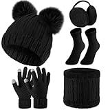 SATINIOR 5 Pcs Winter Hat Scarf Gloves Set Fleece Lined Knit Beanie Hat Warm Touch Screen Gloves Earmuff Warmer for Women(Black,Cute Style)