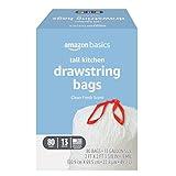 Amazon Basics Tall Kitchen Drawstring Trash Bags, Clean Fresh Scent, 13 Gallon, 80 Count (Previously Solimo)