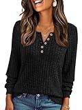 AUTOMET Long Sleeve Shirts 2025 Winter Outfits Fall Clothes Fashion Women Sweater Henley Button Business Casual Dressy Lightweight Tunic Blouse Pullover Trendy Tops Cute Clothing Black