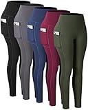 CHRLEISURE Leggings with Pockets for Women, High Waisted Tummy Control Workout Yoga Pants(5 Packs Black,Gray,Navy,Wine,JLGreen, S)