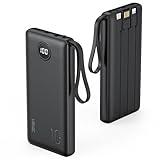 VRURC Portable Charger with Built in Cables, 10000mAh Slim USB C Power Bank,5 Output 2 Input LED Display External Battery Pack Phone Charger Compatible with iPhone,Samsung,Android-Black(1 Pack)