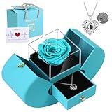 Preserved Real Cyan Rose Gift with I Love You in 100 Languages Necklace, Cute Gifts for Girlfriend, Women, Mom, Wife, Gifts Idea on Christmas, Valentine's Day,Birthday, Mother's Day