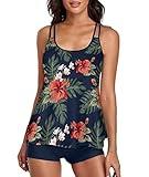 Urchics Womens 2025 Tankini Swimsuits Tummy Control Flowy Swimwear Two Piece Bathing Suits Swim Tank Top with Boyshorts Tropical Navy XL