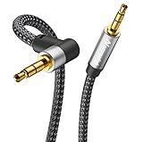 Nanxudyj AUX Cord 6ft,3.5mm Stereo Audio Cable 90 Degree Nylon Braided 3.5mm Male to Male Stereo Aux Cables Right Angle TRS Cable Portable Compatible for Headphone, car,Tablets, Speakers