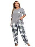 OYOANGLE Women's Plus Size 2 Piece Pajama Set Short Sleeve Tee Shirt and Plaid Print Pants Set Loungewear Grey 3XL