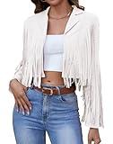 Womens Casual Faux Leather Jacket Fringe Tops Tassel Suede Cropped Coats Motorcycle Jacket Cow Girls Outfits Country Concert Western Jacket Cowgirl White M