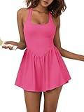 Sexyasasii Women's Summer Athletic Tennis Dress with Built in Shorts and Bra Square Neck Workout Exercise Active Golf Dresses Rose Red