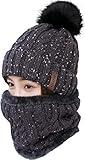 LCZTN Womens Pom Beanie Hat Scarf Set Girls Cute Winter Ski Hat Slouchy Knit Skull Cap with Fleece Lined