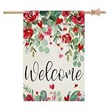 CROWNED BEAUTY Valentines Day Floral House Flag 28x40 Inch Double Sided for Outside Large Welcome Burlap Holiday Yard Decoration CF1220-40