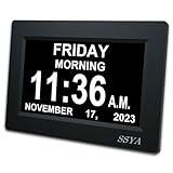 SSYA 7 Inch Calendar Clock - 12 Alarm Options, Level 5 Auto Dimmable Display,Extra Large Impaired Vision Digital Clock with Non-Abbreviated Day & Month (Black)