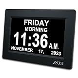 SSYA 7 Inch Calendar Clock - 12 Alarm Options, Level 5 Auto Dimmable Display,Extra Large Impaired Vision Digital Clock with Non-Abbreviated Day & Month Alarm Clock (7 inch)