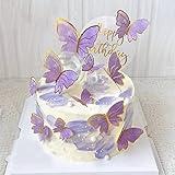 NC Purple Butterfly Cake Toppers, 11pcs (10 Purple Butterflies + 1 Gold Metal Frame Happy Birthday Cake Topper), Non-Edible, Perfect for Birthday, Wedding, Engagement Occasions