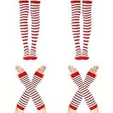 Ysanciuu 4 Pairs Striped High Knee Socks,Red and White Socks Long Arm Warmer Gloves Crazy Outfits for Cosplay Costume Dress Up Birthday Halloween Party Supplies