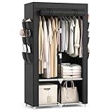 VTRIN Portable Closet Wardrobe Closet for Hanging Clothes with 4 Storage Shelves, 2 Hanging Rods and 6 Pockets, Stable and Easy Assembly Clothes Rack with Cover Free Standing Closet for Bedroom, Black