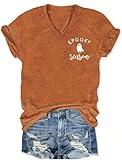 Spooky Season T Shirt for Women Fall Halloween Ghost Graphic Tees Casual V Neck Tops Autumn Funny Halloween Clothes (Brown2, M)