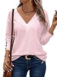 Dokotoo Going Out Tops for Women Fashion 2024 Trendy Dressy Casual V Neck Loose Fit Long Sleeve Buttons Hollow Out Lace Embroidered Blouses Shirts Spring Summer Outfits Ladies Tops (Pink Shirt,Medium)